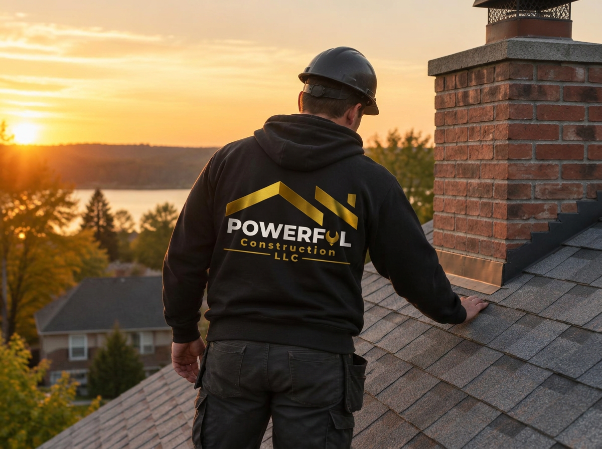 Roofing contractor inspecting a residential shingle roof beside a brick chimney