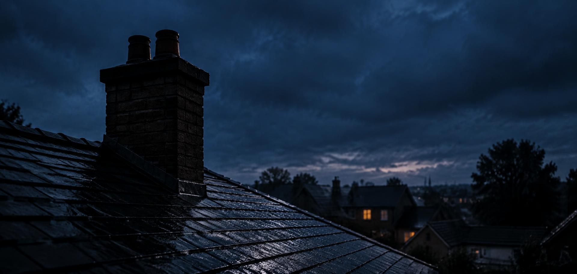 Residential rooftop with a brick chimney at dusk