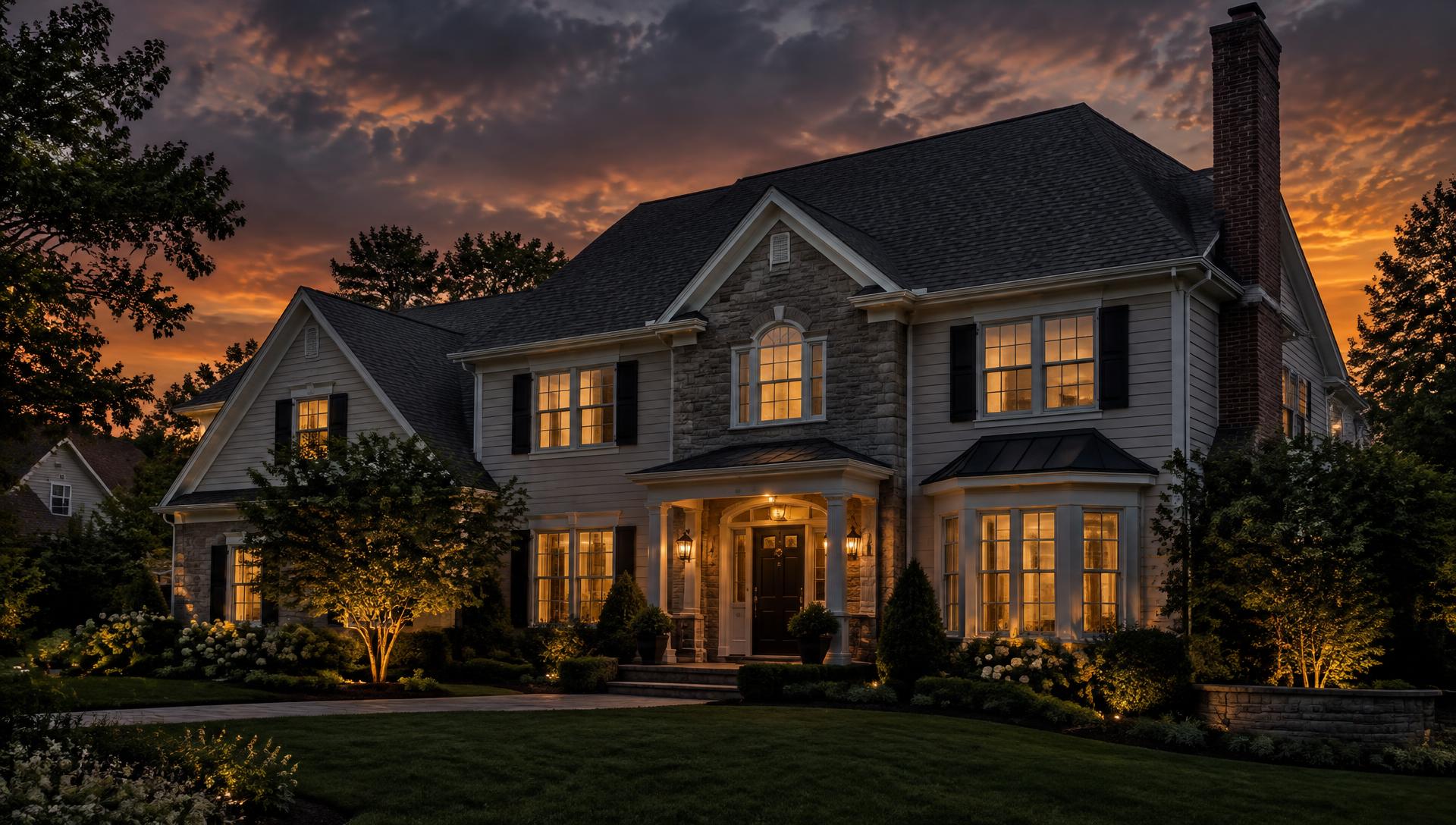 Upscale North Jersey home at dusk with a shingle roof and brick chimney
